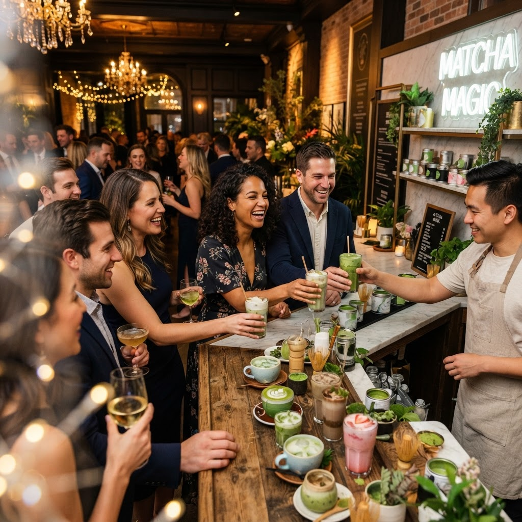 Guests enjoying matcha drinks at event